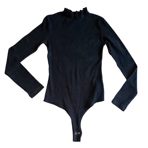 Black Turtleneck Bodysuit Thong Long Sleeve Ribbed Women's Medium - Picture 1 of 9